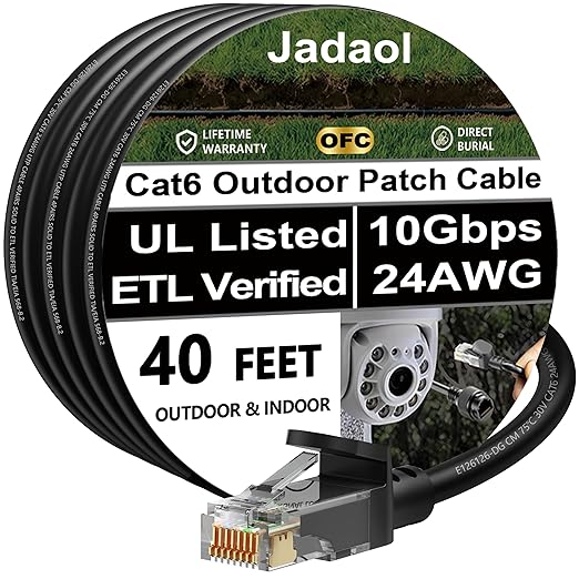 Cat 6 Outdoor Ethernet Cable 40 ft, Support Cat8/7 Network, 10Gbps 550MHz by Jadaol