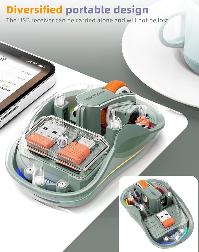 Bluetooth Wireless Mouse, Transparent RGB Tri-Modes Mouse, USB-C Receiver Ideal - Image 8