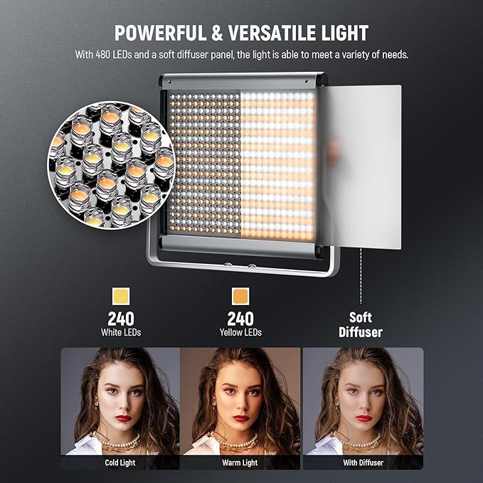 NEEWER 2 Pack Bi Color Dimmable 480 LED Video Light Kit, 28W 3200-5600K CRI96+ - Image 3