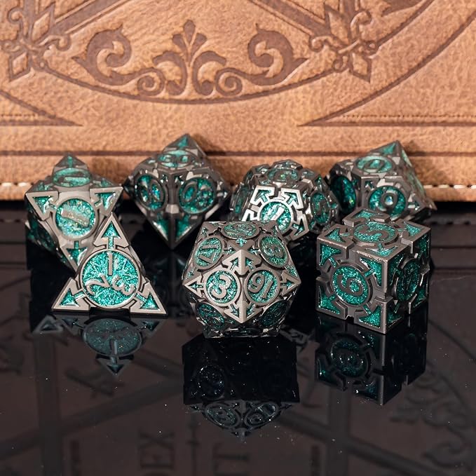 Green Black Nickel Finish Heavy Metal DND Dice Set - Image 2