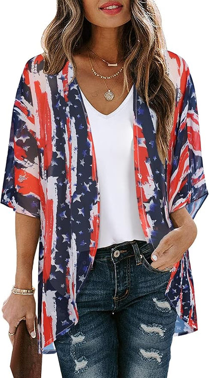 Women's Floral Print Puff Sleeve Kimono Cardigan Loose Cover Up Casual Blouse by CHICGAL