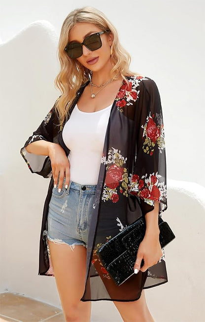 Women's Floral Print Puff Sleeve Kimono Cardigan Loose Cover Up Casual Blouse - Image 2