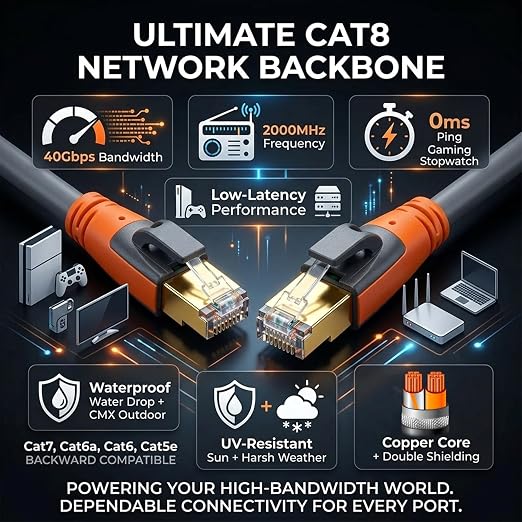 Cat 8 Ethernet Cable 100ft, High Speed LAN Cables 40Gbps 2000MHz Shielded - Image 6