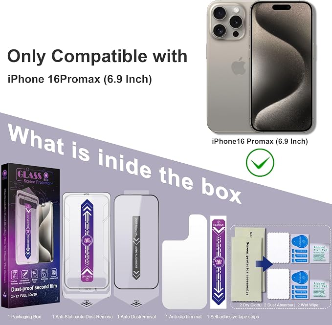 2 Pack Screen Protector for iPhone 16 Pro Max, 9H Tempered Glass, Full Coverage - Image 7