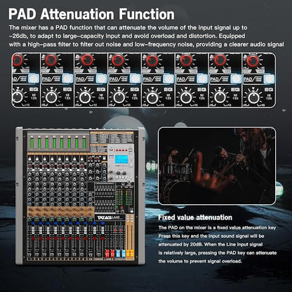 Digital Mixer 16 Channel, Sound Board Mixing Console, Dual DSP Reverb, Dual - Image 6