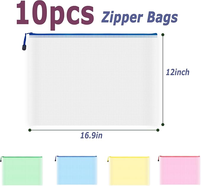 AUSTARK 10 Pcs Zipper File Bags, Waterproof Plastic Mesh Pouch - Image 2