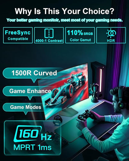 SANSUI 27 Inch Curved 160Hz Gaming Monitor, 1500R Curved Computer Gaming - Image 2