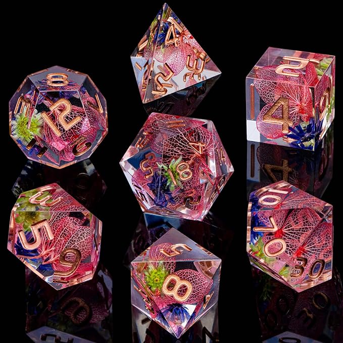 ARUOHHA DND Resin Dice Translucent Pink Leaf Sharp Edged Dragons Dice Set - Image 2