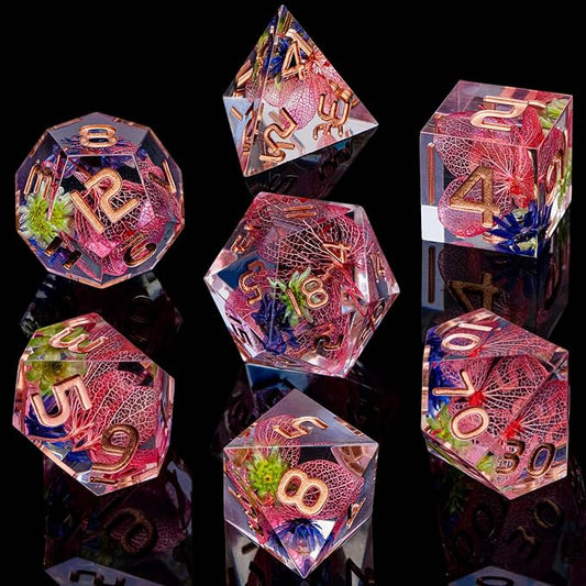 ARUOHHA DND Resin Dice Translucent Pink Leaf Sharp Edged Dragons Dice Set - Image 2