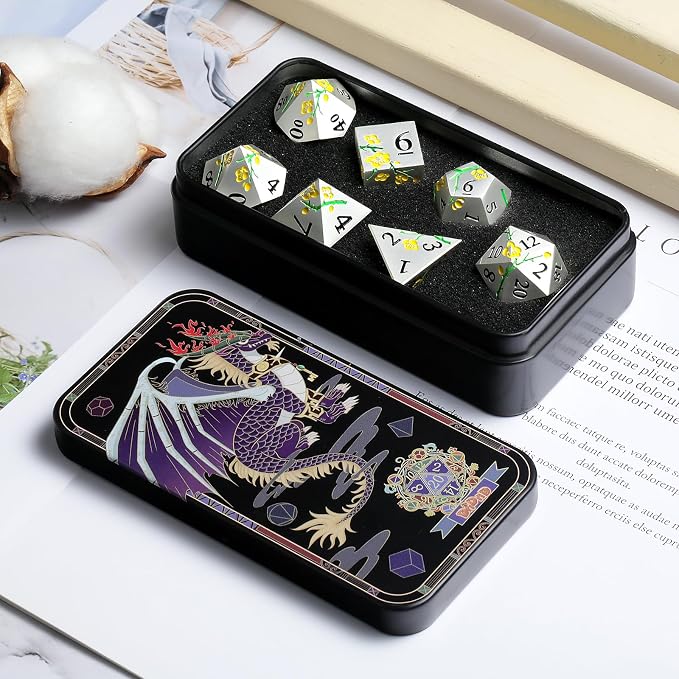Silver Metal DND Dice, DNDND 7 PCS Heavy Flower Metallic D&D Dice Set - Image 4