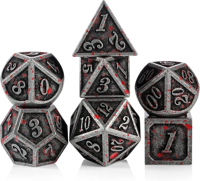 Acient Silver Bloodstained Metal Dice Set DND, DNDND 7PCS Metallic Halloween Die by DNDND