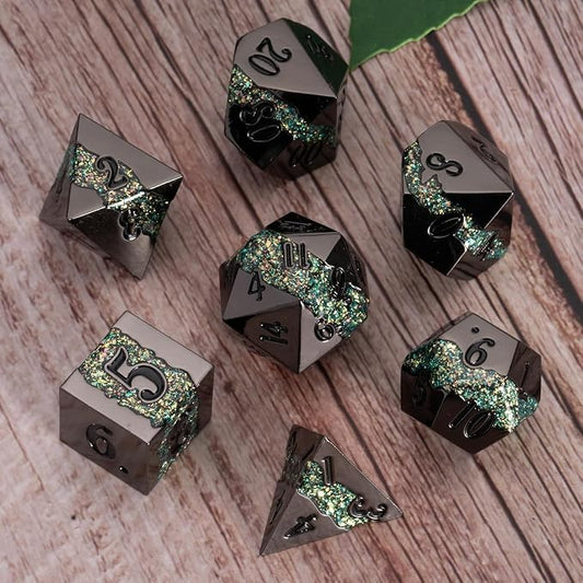 Black Glitter Metal Dice Set, Polyhedral Stripe DND Dice Set - Image 2
