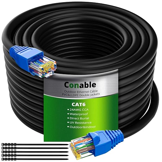 Cat6 Outdoor Ethernet Cable 250ft, Heavy Duty Double Jackets Internet Cord by Conable