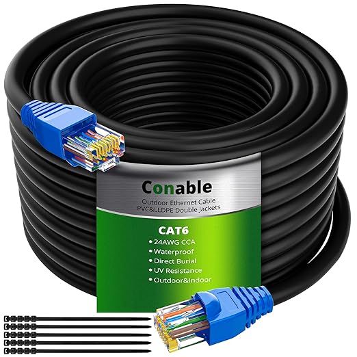 Cat6 Outdoor Ethernet Cable 500 FT, Heavy Duty Double Jackets Internet Cord by Conable