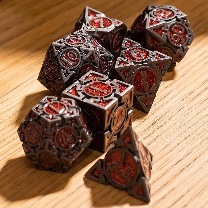Red Black Nickel Finish Heavy Metal DND Dice Set - Image 8