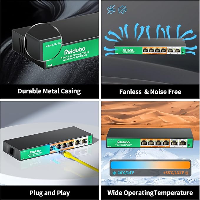 6-Port 10Gb Ethernet Switch Unmanaged, 2 x 10Gb RJ45 Uplink Ports + 4 x 2.5Gb - Image 6