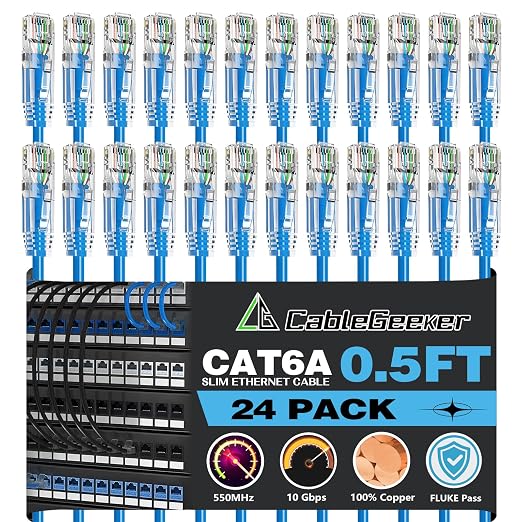 CableGeeker Patch Cables Cat6a 0.5ft Slim, Cat6 Ethernet Patch Cable 10G Support by CableGeeker