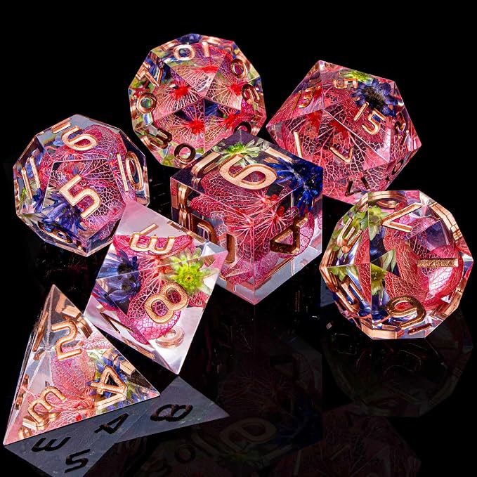 ARUOHHA DND Resin Dice Translucent Pink Leaf Sharp Edged Dragons Dice Set - Image 6