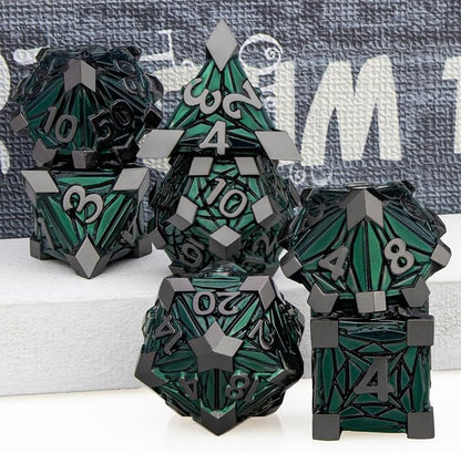 7PCS Metal DND Dice Set with Box, Debris RPG Green D and D Dice - Image 5