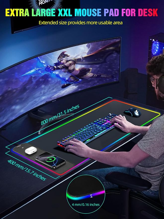 TopMade Wireless Charging RGB Mouse Pad, Waterproof Gaming Desk Pad - Image 5