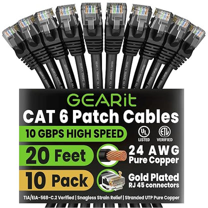 GEARit Cat 6 Ethernet Patch Cable 20 ft Black Cat6 Patch Cables 20ft by GEARit