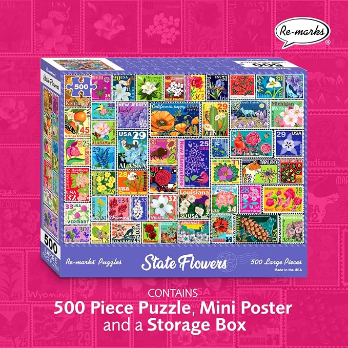 Re-marks State Flowers Stamp Collage Jigsaw Puzzle, 500 Large Piece Jigsaw - Image 2