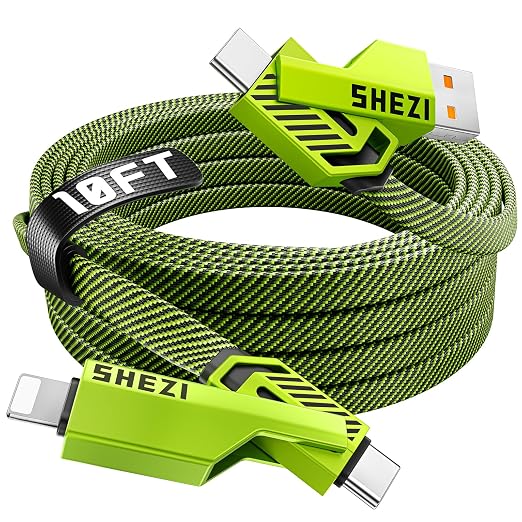 SHEZI 4-in-1 USB C Cable 60W 10FT Fast Charging Flat Nylon Braided Charger Cord by SHEZI