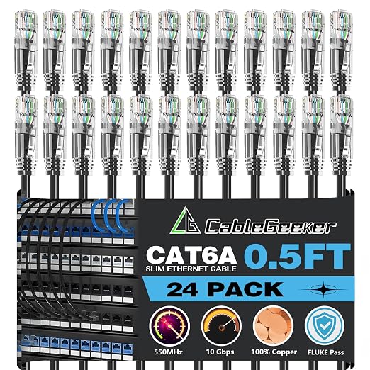 CableGeeker Patch Cables Cat6a 0.5ft Slim, Cat6 Ethernet Patch Cable 10G Support by CableGeeker