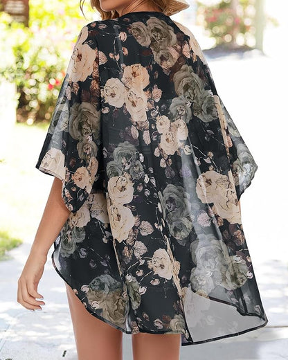 Women's Floral Print Puff Sleeve Kimono Cardigan Loose Cover Up Casual Blouse - Image 6