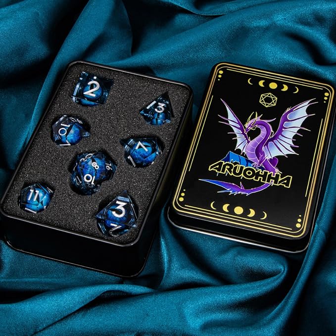 ARUOHHA DND Resin Dice Dragon Eye Dice Liquid Core Blue Sharp Edged Dice Set - Image 7