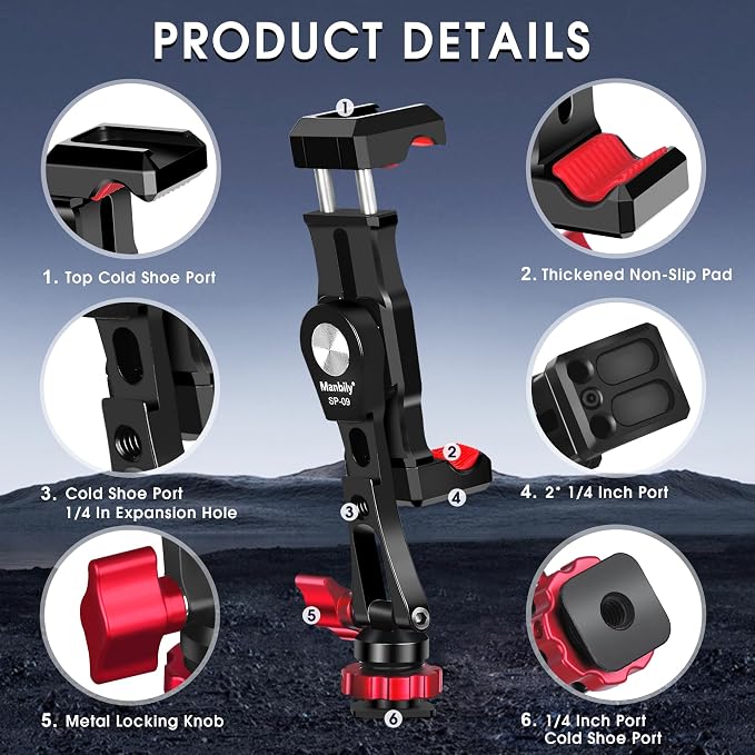 Manbily Phone Tripod Mount, Metal Smartphone Mount Adapter Camera Hot Shoe Mount - Image 3