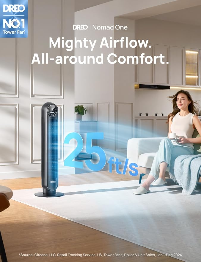 Dreo Tower Fan for Bedroom, 25ft/s Velocity Quiet Floor Fan, 90° Oscillating - Image 2