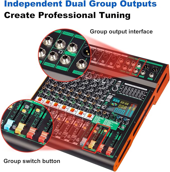 Depusheng TG8 professional dj audio mixer 8 channel input and dual group output - Image 6