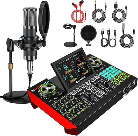 Podcast Equipment Bundle with Live Sound Card Audio Mixer, 3.5mm Condenser by tenlamp