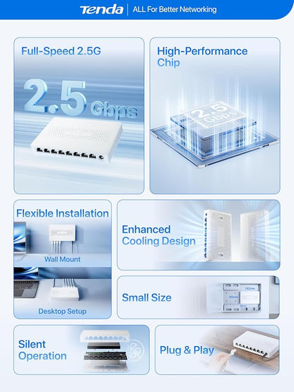 Tenda 8 Port 2.5G Ethernet Switch, Unmanaged Network Switch, 8 x 2.5 Gigabit - Image 2