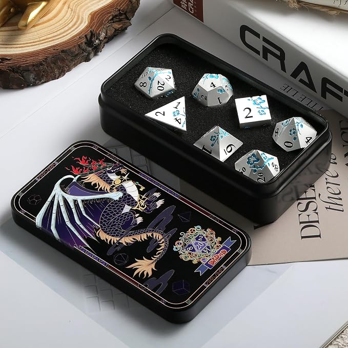 Glow in The Dark Flower Metal Dice, DNDND 7 PCS Blue Metallic D&D Dice Set - Image 8
