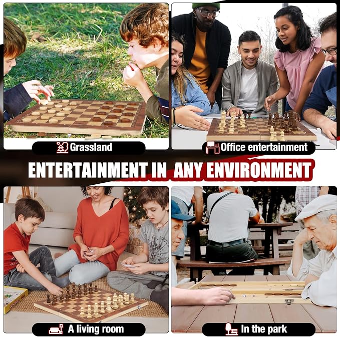 Chess Checkers Backgammon 3-in-1 Board Games Sets, Wooden Chess Set - Image 7