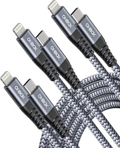 ohbox USB-C to Lightning Cable 3FT 3Pack iPhone Charger Fast Charging Braided by OHBOX