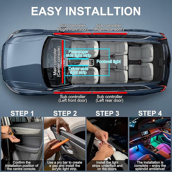 Dreamcolor Acrylic Interior Car LED Strip Lights, 10 in 1 Ambient Lighting Kit - Image 5