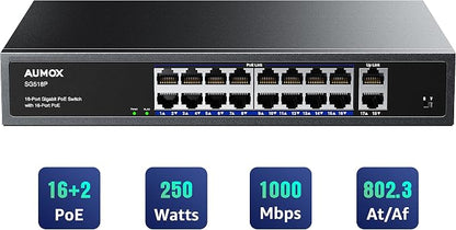 18-Port Ethernet Gigabit PoE Switch, 16-Port PoE by AUMOX