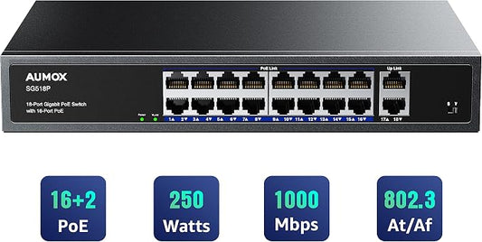 18-Port Ethernet Gigabit PoE Switch, 16-Port PoE by AUMOX