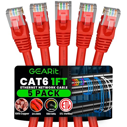 GEARit Cat 6 Patch Cables 1 ft Red Cat6 Patch Cables 1ft Red/Ethernet Patch by GEARit