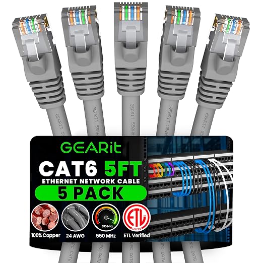 GEARit Cat 6 Patch Cables 5 ft Gray Cat6 Patch Cables 5ft Gray/Ethernet Patch by GEARit