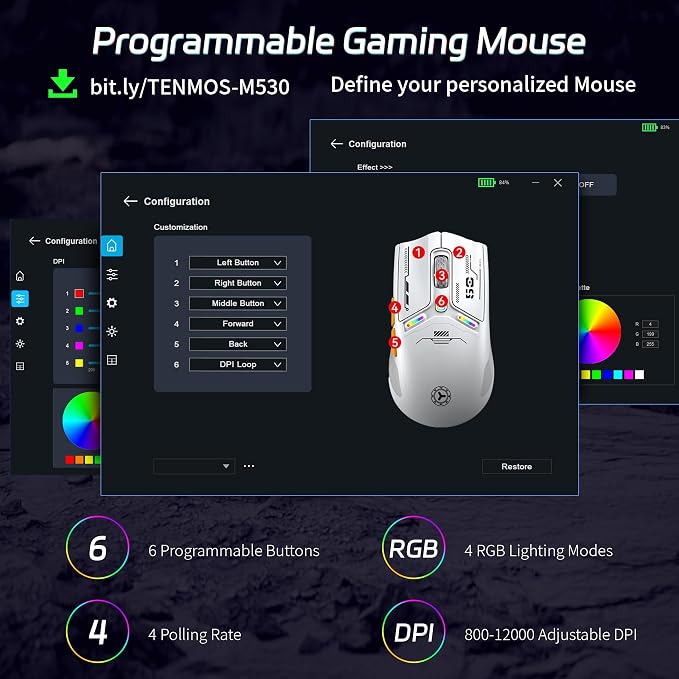 TENMOS M530 Wireless Gaming Mouse, 2.4G/Bluetooth/USB C Wired Rechargeable Mouse - Image 4