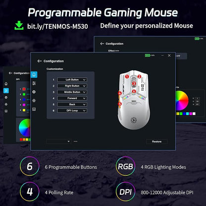 TENMOS M530 Wireless Gaming Mouse, 2.4G/Bluetooth/USB C Wired Rechargeable Mouse - Image 4