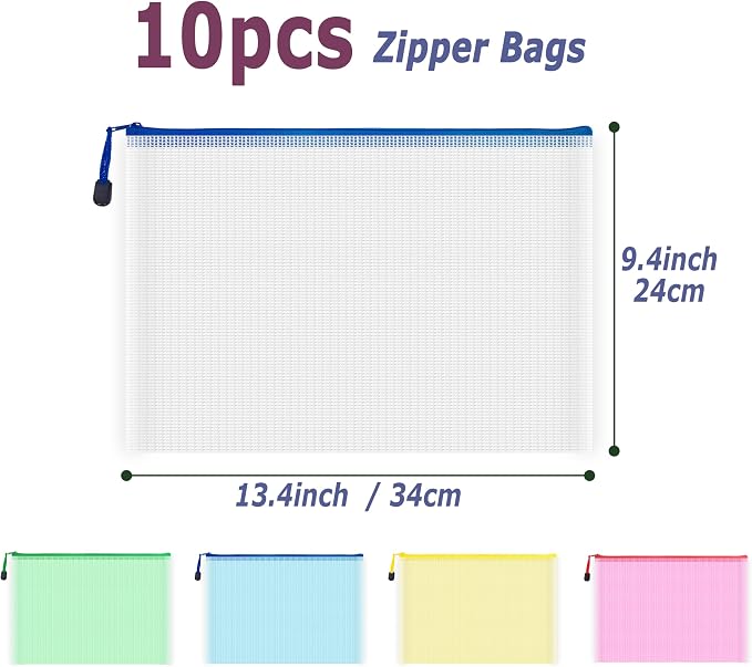 AUSTARK 10 Pcs Zipper File Bags, Waterproof Plastic Mesh Pouch - Image 2