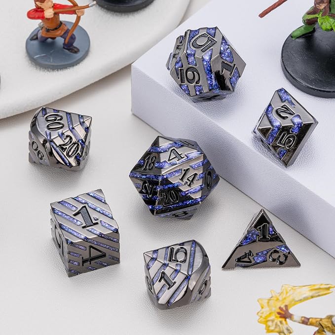 Anitque Metal Dice D&D, Metal Glitter Stripe Dice 7pcs Set - Image 2