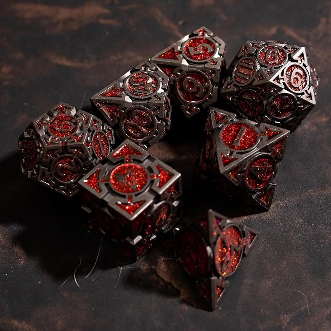 Red Black Nickel Finish Heavy Metal DND Dice Set - Image 3