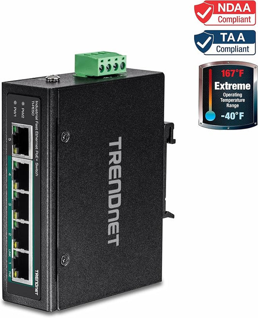 TRENDnet 5-Port Industrial Unmanaged Fast Ethernet PoE+ DIN-Rail Switch - Image 2