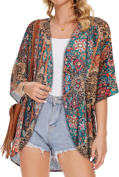 Women's Floral Print Puff Sleeve Kimono Cardigan Loose Cover Up Casual Blouse - Image 3